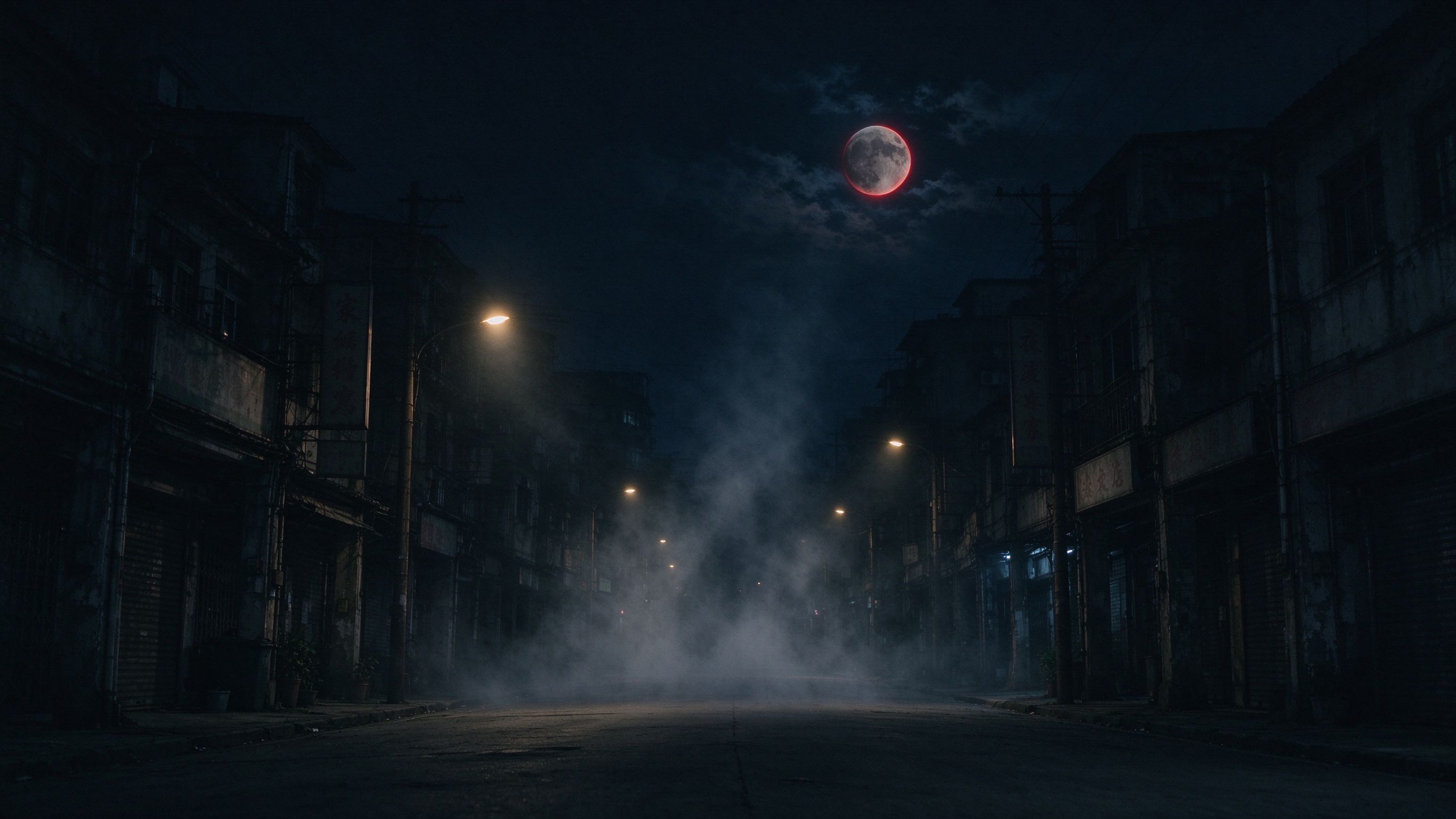 深夜雾气弥漫的老城区街道，路灯昏黄，一轮暗红月亮挂在夜空